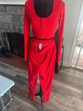 Savage X Fenty Red Thermal Long Sleeve Henley & Lounge Pants Set